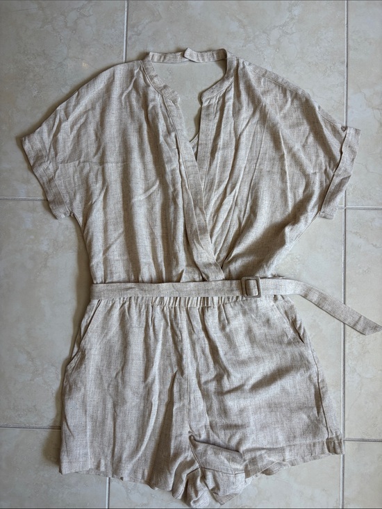 Heartloom Pants - Heartloom Natural Beige Linen-Blend Belted Romper Medium